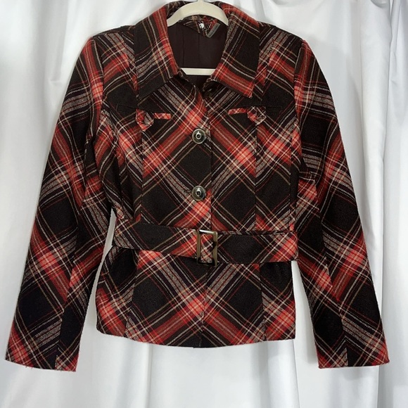 Plaid belted tweed large button peplum hem lined jacket Sz S/M Red/Brwn - Picture 4 of 14